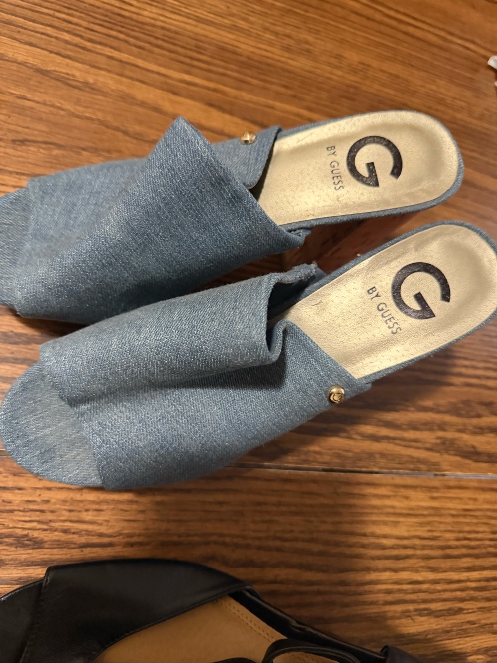 G by Guess Denim Slide Mules - Light Blue with Gold Accents